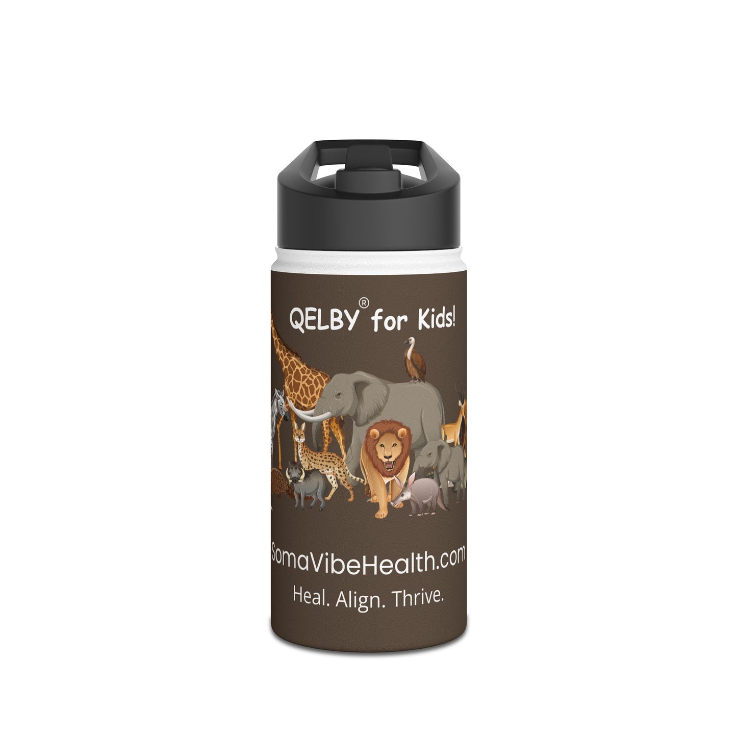 QELBY® for Kids – 12oz Stainless Steel Safari Water Bottle with Straw and Pop-up Lid