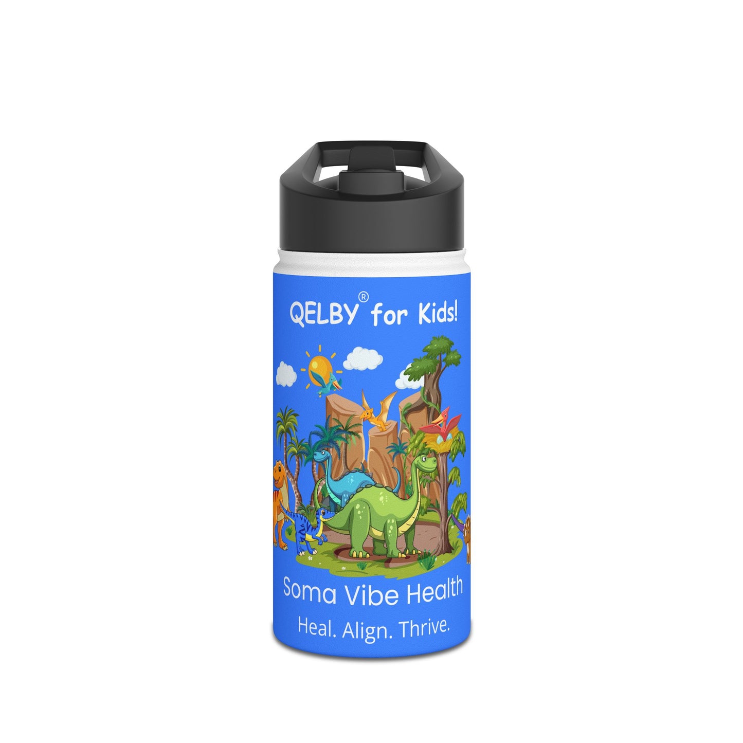 QELBY® for Kids – 12oz Stainless Steel Dinosaur Bottle with Straw and Pop-up Lid