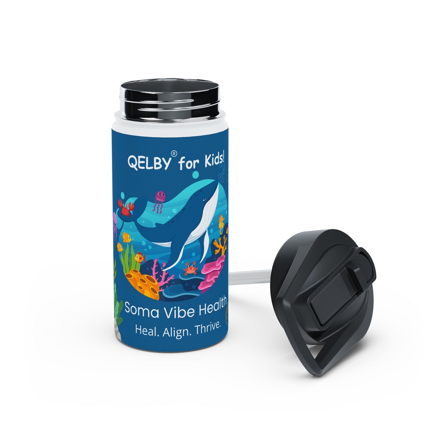 QELBY® for Kids – 12oz Stainless Steel Ocean Water Bottle with Straw and Pop-up Lid