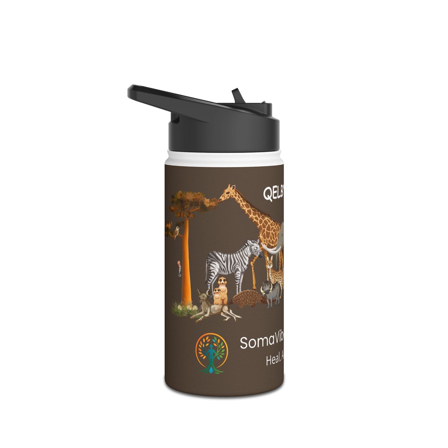 QELBY® for Kids – 12oz Stainless Steel Safari Water Bottle with Straw and Pop-up Lid