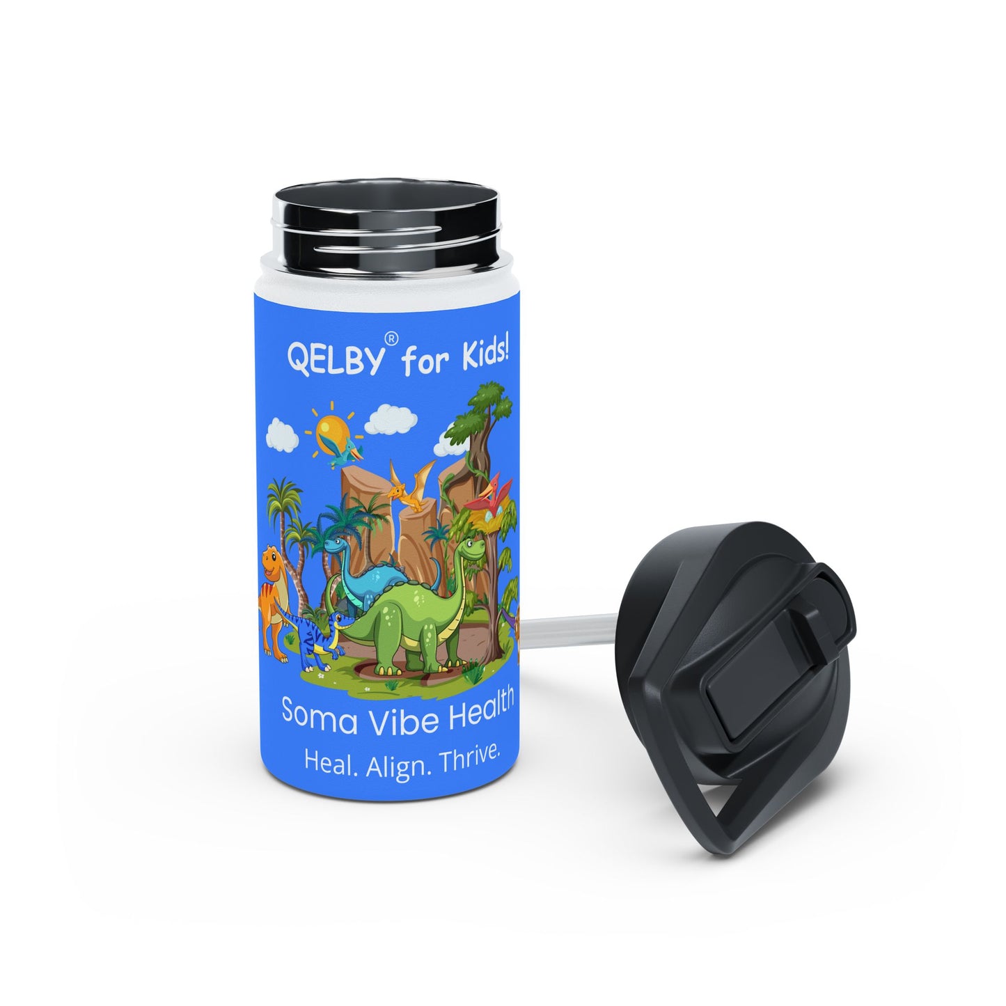 QELBY® for Kids – 12oz Stainless Steel Dinosaur Bottle with Straw and Pop-up Lid