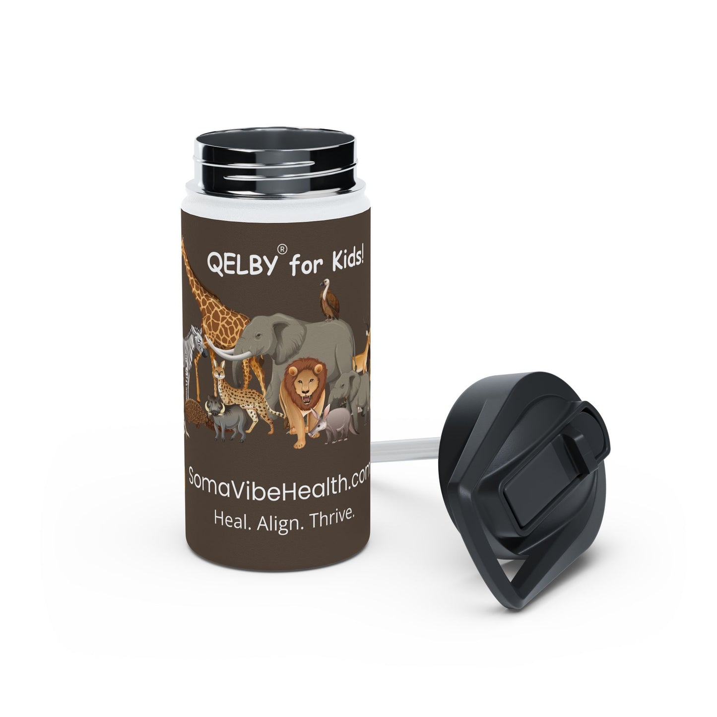 QELBY® for Kids – 12oz Stainless Steel Safari Water Bottle with Straw and Pop-up Lid