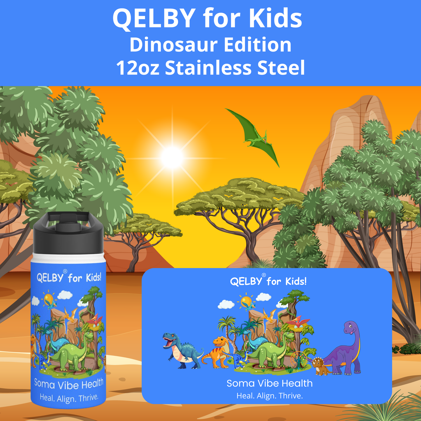 QELBY® for Kids – 12oz Stainless Steel Dinosaur Bottle with Straw and Pop-up Lid