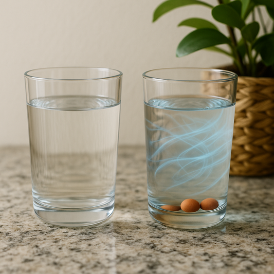 Two clear glasses of water on a countertop: one plain, the other showing soft flowing patterns around terracotta-colored mineral spheres to illustrate how water can behave differently near charged surfaces.