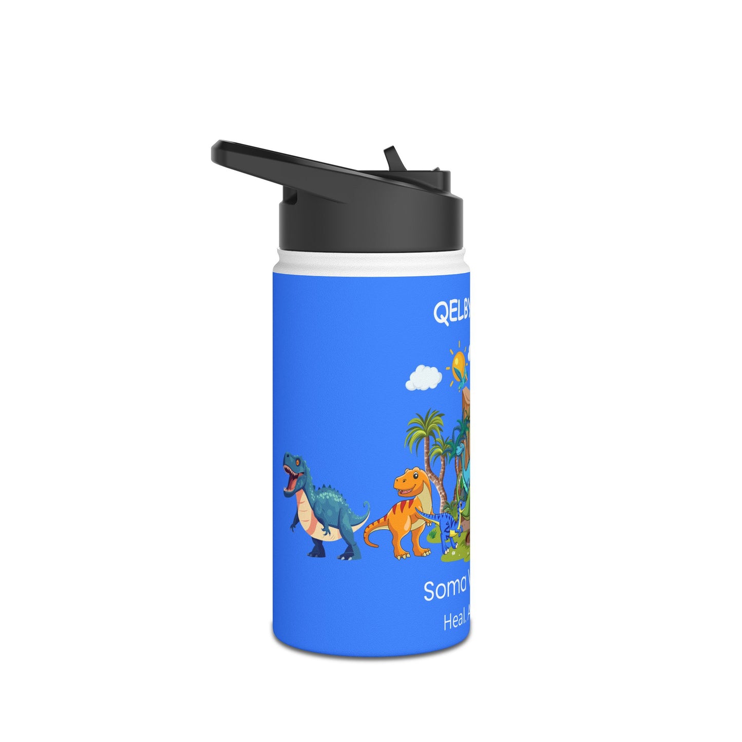 QELBY® for Kids – 12oz Stainless Steel Dinosaur Bottle with Straw and Pop-up Lid