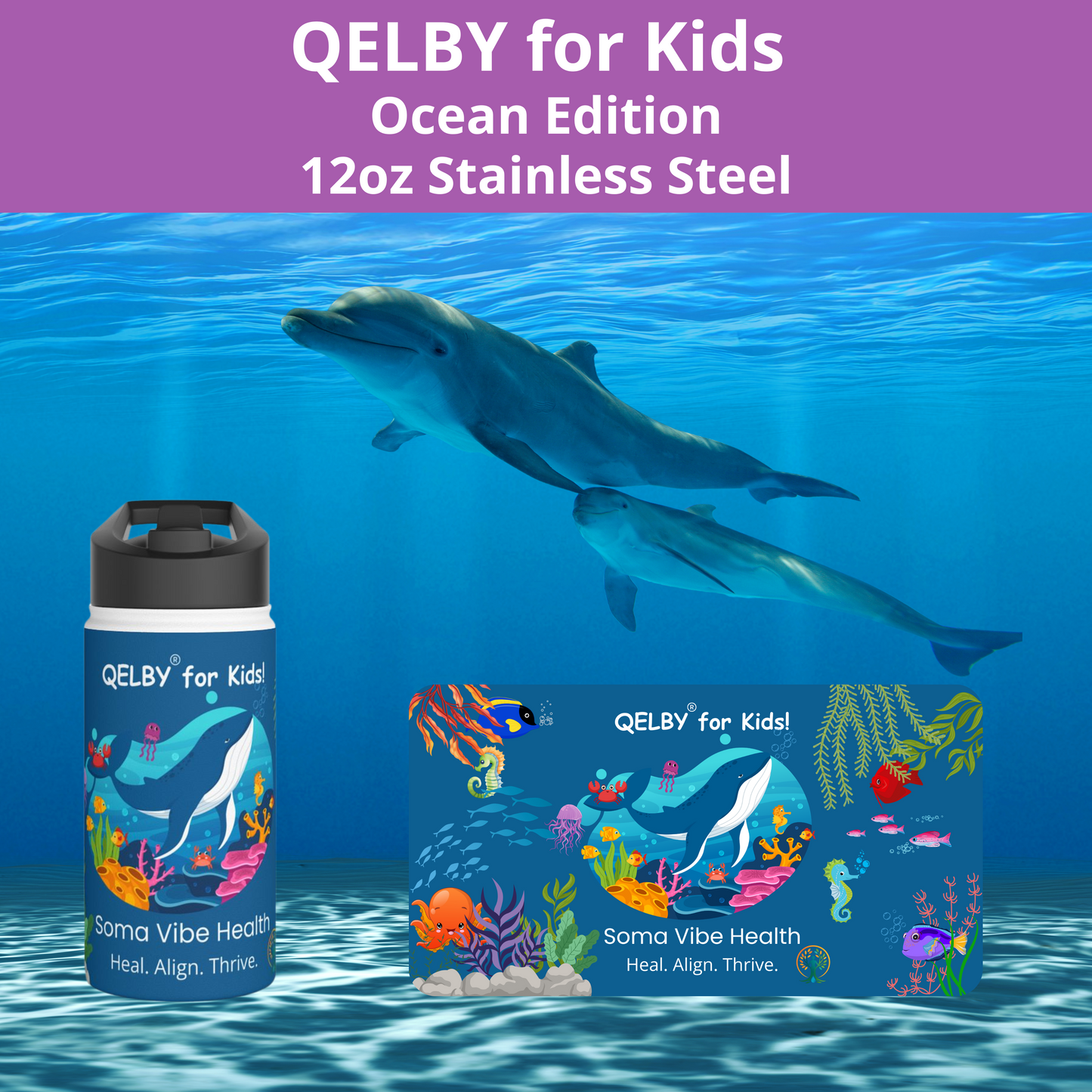 QELBY® for Kids – 12oz Stainless Steel Ocean Water Bottle with Straw and Pop-up Lid