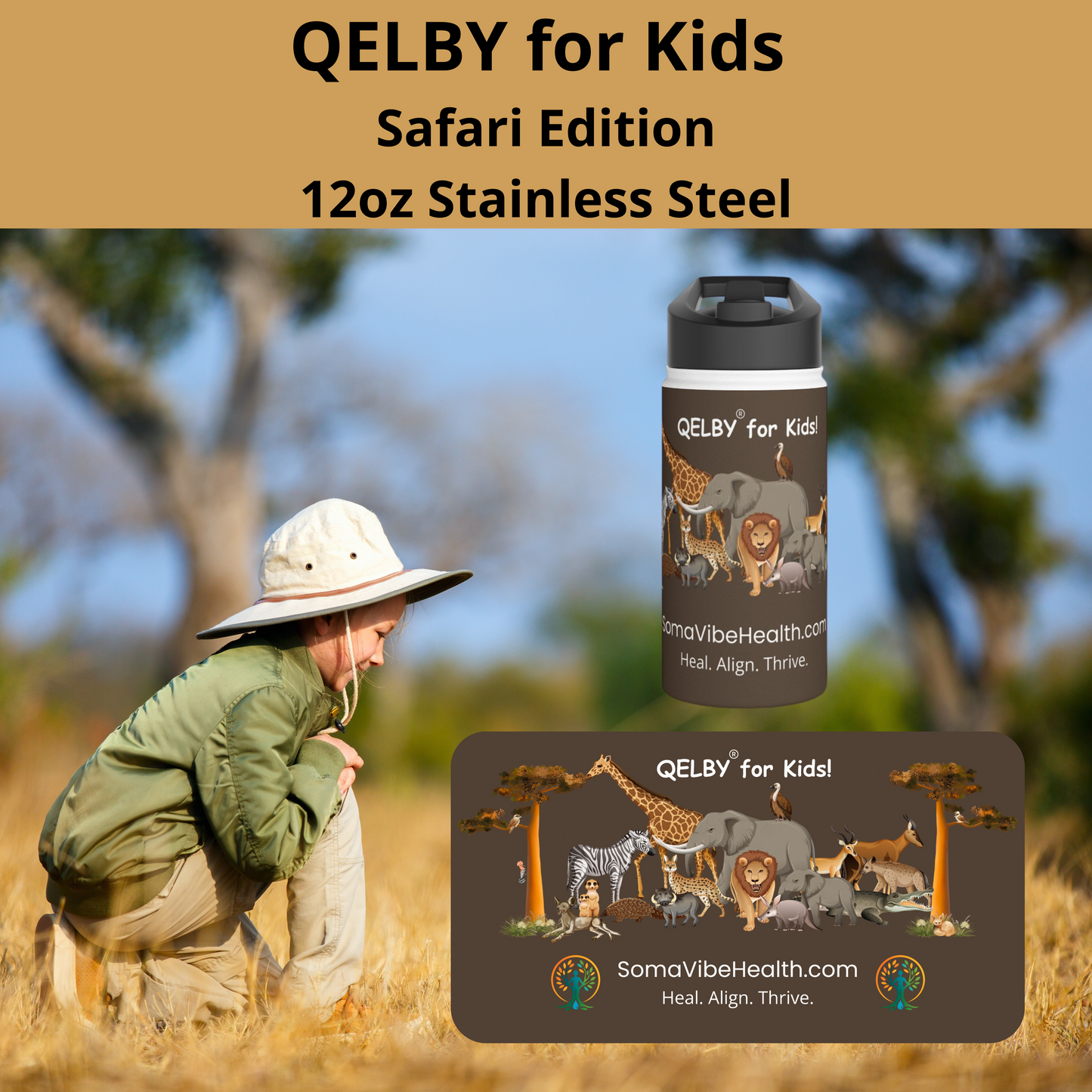 QELBY® for Kids – 12oz Stainless Steel Safari Water Bottle with Straw and Pop-up Lid